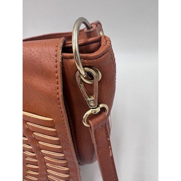 Dolce Vita Brown Faux Leather Woven Saddle Bag Tassel Crossbody Purse - Picture 6 of 11